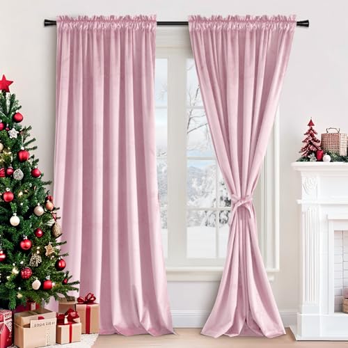 JIUZHEN Pink Velvet Curtains Extra Long Thermal Insulated Soundproof Room Darkening Curtains/Drapes for Living Room/Bedroom, Set of 2 Panels, W52 x L120 inches