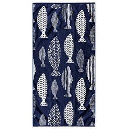 RESTILO Beach Towel Large 90 x 180 cm Cotton Terry Velour Bath Towel Blue White Fish