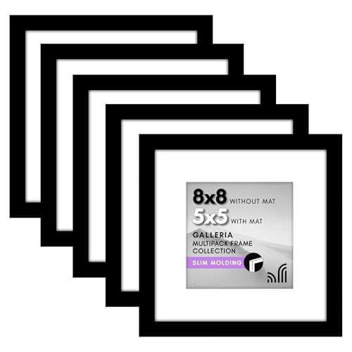 Americanflat 8x8 Picture Frame Set of 5 in Black - Use as 5x5 Picture Frame with Mat or 8x8 Frame Without Mat - Picture Frames Collage Wall Decor with Plexiglass and Easel for Wall or Tabletop