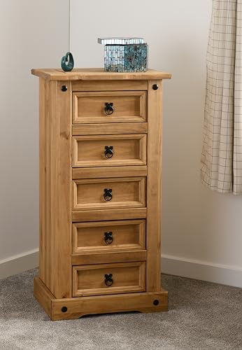 Seconique Corona 5 Drawer Narrow Chest in Distressed Waxed Pine