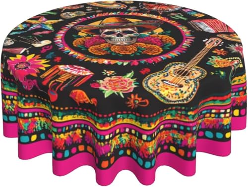 mutakin Mexican Skull Flower Cactus Tablecloth Mexico Round Table Cover Washable Table Cloth for Home Kitchen Party Picnic 60 Inch