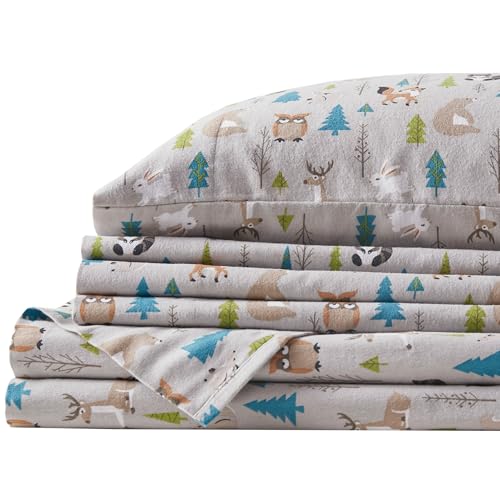 Comfort Spaces Cotton Flannel Breathable Warm Deep Pocket Sheets with Pillow Case Bedding, Twin, Multi Forest Animal 3 Piece