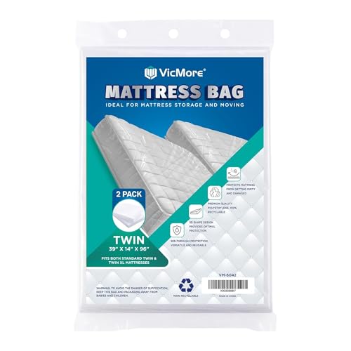 VICMORE 2 Pack Twin Mattress Bags for Moving, Storage & Disposal ??? Clear Heavy-Duty Plastic Covers, Tear-Resistant & Dustproof, Recyclable