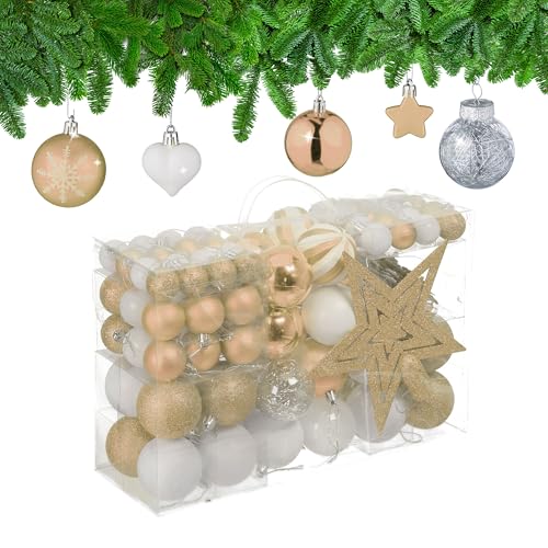 Relaxdays Christmas Ornaments, Set of 101, Glittering, Decorations, Baubles & Stars, Plastic, Traditional, Champagne