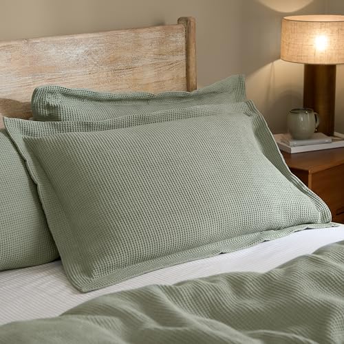 Yard Hebden Relaxed Waffle Pillowcase Pair – Soft Textured Cotton Pillow Covers (Bay Green – 75x50cm)