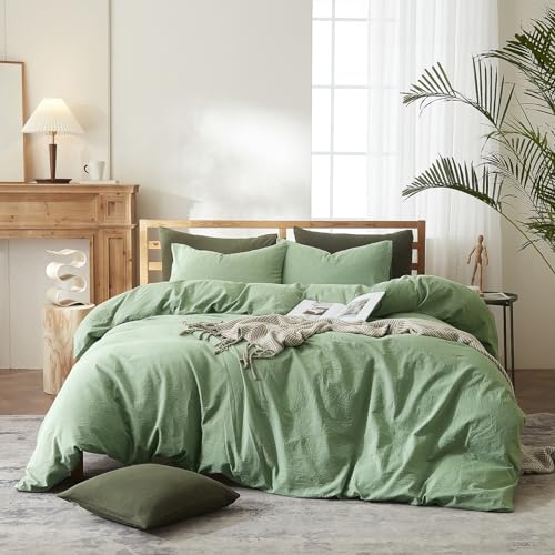 AMWAN Simple Style Sage Green Duvet Cover King Size Soft 100% Washed Cotton Bedding Sets Solid Color Light Comforter 1 with 2 Pillowcases Aesthetic Luxury Set, King(104''x90'') (AMV001WLGK)