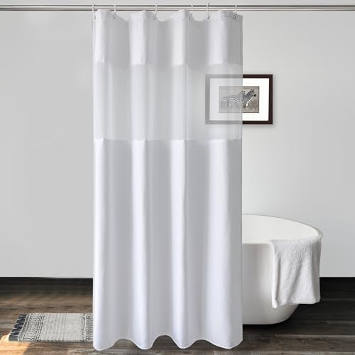 UFRIDAY Stall Waffle Weave Fabric Shower Curtain with Mesh Window, Heavy Duty Decorative Bathroom Curtain with White Pique Pattern, Spa-Like Hotel Luxury, Water-Repellent,48 x 78 Inches