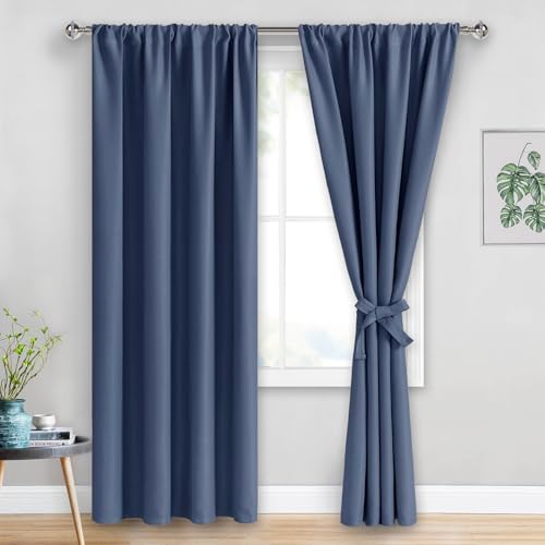JIUZHEN Dusty Blue Blackout Curtains for Bedroom - Thermal Insulated Room Darkening Rod Pocket Curtains for Living Room, Set of 2 Panels with Tiebacks, 42 x 96 Inch Length, Dusty Blue