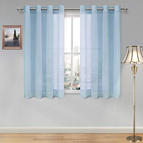 DWCN Sky Blue Faux Linen Sheer Curtains - Grommet Voile Window Curtain Drapes for Bedroom Living Room 52 x 54 inch Length, Set of 2