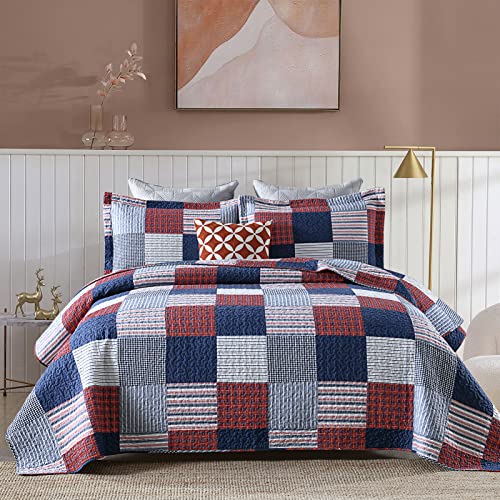 PANGUSHAN 100% Cotton Quilt Set Queen Size, Patchwork Plaid Queen Quilt Bedding Set Bedspreads, Farmhouse Lightweight Comforter Reversible Quilt, Blue/Red/White Bed Spread for Queen Bed, 3 Pieces