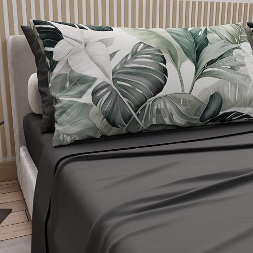 PETTI Artigiani Italiani - Cotton Sheets with Pillowcases in Digital Print, French Double Sheet, Floral Pattern 4 Dark Grey, 100% Made in Italy