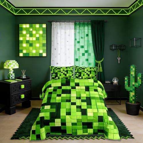 Pixelated Miners Game Kids Comforter Set Full Size,Video Games Gamepad Gaming Bedding Set,Girls Boys Room Decor,Geometric Square Quilt Comforter,Light Green Duvet Set Bedroom Quilt Set,2 Pillowcases