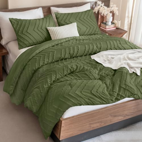 Andency Dark Olive Green Comforter Set Queen Size, 3 Pieces Boho Bed Set - Soft Warm Bedding Comforter Sets for Queen Size Bed, Aesthetic Chevron Cute Bohemian Textured Lightweight Bedding Set