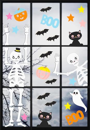 Halloween Reusable Window Stickers (NO Glue) Super Spooky Fun Party Decorations Kid Friendly Glass Clings, Featuring Bats, Skeletons, Black Cats, Pumpkins- Made by Talking Tables UK - 6 Sheets
