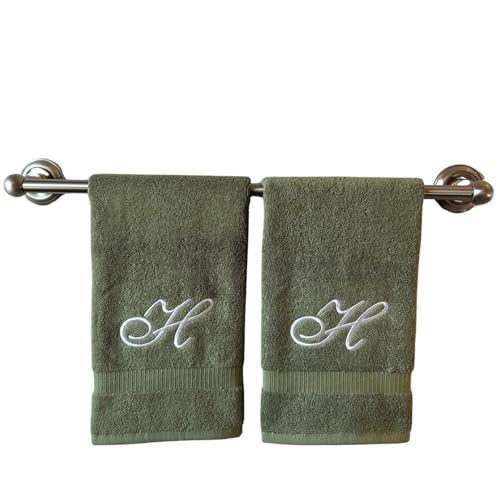 Sage Monogrammed Hand Towels for Bathroom - Luxury Hotel Quality Personalized Initial Embroidered Towel for Powder Room, Spa - GOTS Organic Certified - Set of 2 White Letter H