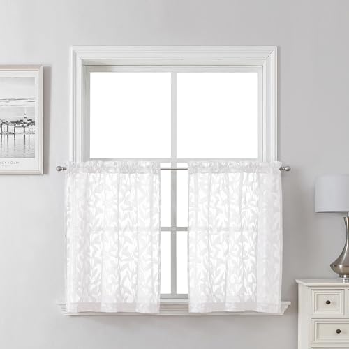 "Lecloud Leia White Sheer Kitchen Curtains 24 Inch Length 2 Pcs, Jacquard Leaf Textured Voile Short Curtains with Dual Rod Pocket, Farmhouse Bedroom Living Room Tiers, 30"" W x 24"" L"