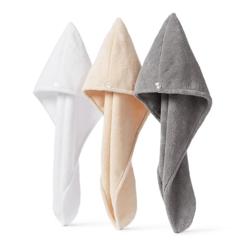 Amazon Basics Quick-Dry Microfibre Hair Towel Wrap, Hair-Drying Towel, White/Beige/Grey, 3-Pack