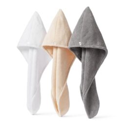 Amazon Basics Quick-Dry Microfibre Hair Towel Wrap, Hair-Drying Towel, White/Beige/Grey, 3-Pack