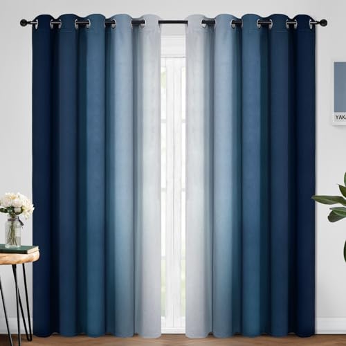 Yakamok Blue and Grey White Ombre Curtains, Room Darkening Gradient Curtains for Bedroom, Light Blocking Thermal Insulated Window Curtains for Living Room (2 Panels, 178 x 213 cm)