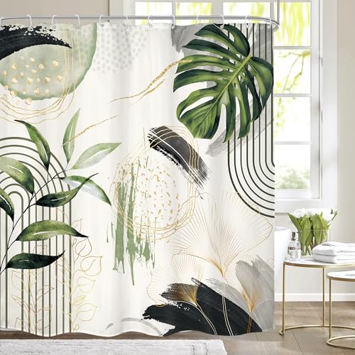"Mitpok Grey Green Boho Abstract Tropical Palm Bathroom Shower Curtain Set - Leaves Bohemian look 72""W x 72""L. waterproof HD print, quick-dry fabric and free hooks for easy setup."