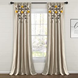 "Lush Decor Boho Pom Pom Tassel Linen Window Curtain Panel (Single Panel), 95"" L x 52"" W, Yellow & Gray"