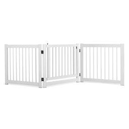 GYMAX Wooden Pet Gate, 3 Panel Folding Dog Barrier with Walk Through Door, Freestanding Tall Pet Safety Fence for Doorway, Stairs and Kitchen (207 x 2 x 61 cm, White)