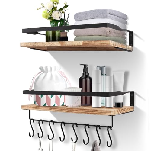 Uten Floating Shelves Wall Mounted Shelf, Light Brown Solid Shelf, Wooden Shelves Set Spirit Level, Towel Bar 8 Hooks for Bedroom, Living Room, Office, Kitchen Storage & Organisation