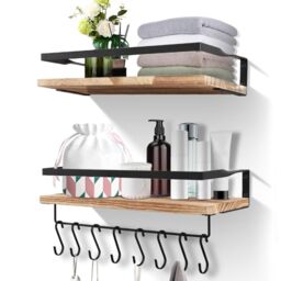 Uten Floating Shelves Wall Mounted Shelf, Light Brown Solid Shelf, Wooden Shelves Set Spirit Level, Towel Bar 8 Hooks for Bedroom, Living Room, Office, Kitchen Storage & Organisation