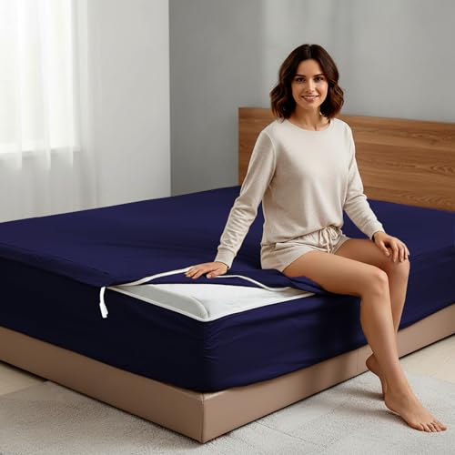 "Zipper Fitted Sheet Twin-1 Base 16""+ 2 Zip On Sheets Cotton Navy Blue - Zipper Sheets, Zip Up Sheets,Upto 16??? in. Deep (39X75) Zipper Fitted Sheet Easy to Change and Install - Navy Blue"