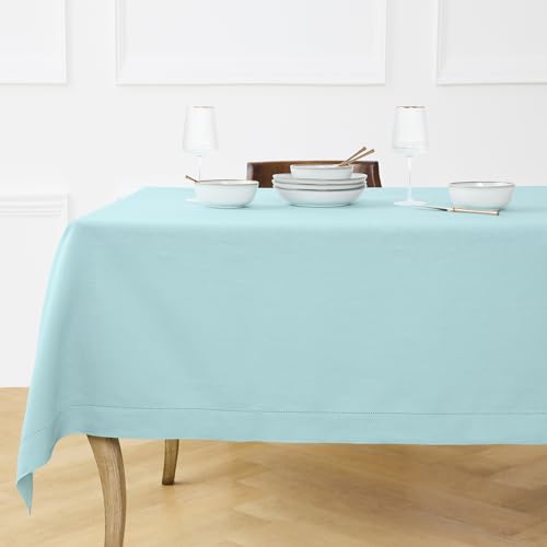 Solino Home Linen Tablecloth for Rectangle Tables 60 x 132 Inch - Classic Hemstitch 100% Pure Linen Aqua Blue Table Cloth - Machine Washable Cloth Tablecloth for Christmas