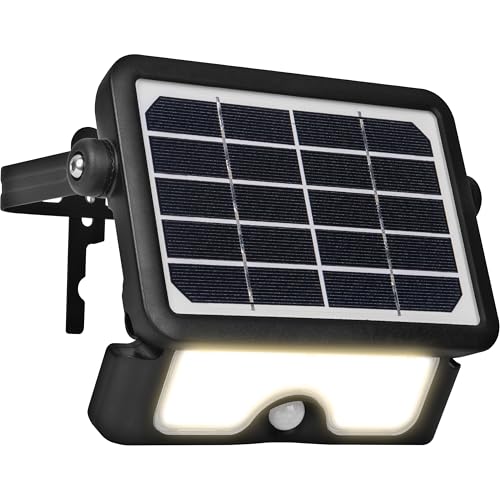 Luceco Solar Powered LED Outdoor Floodlight with PIR Motion Sensor, Security Light, Exterior Lighting, Angular Design, Adjustable, Guardian, Black, IP65, 5W, 550lm, 4000K, LEXSF6B40
