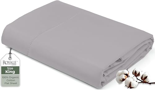 "Royale Linens 100% Organic Cotton King Flat Sheet Only - Super Soft - Percale Top Sheets - King Flat Sheet Sold Separately - Breathable, Cool & Crisp Sheets Only (105"" x 102"", Silver)"