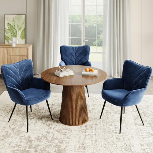 Upholstered Velvet Dining Chair with Armrests, Modern Nordic Dining Room Chair, Soft Padded Seat with Ergonomic Back, Black Metal Legs,Blue