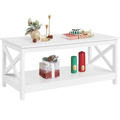 Yaheetech Wooden Coffee Table, 2 Tier Coffee Table with Open Storage Shelf for Living Room, Modern Style Centre Tea Table End Table For Home, Office, Furniture, White