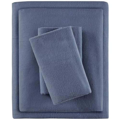SLEEP PHILOSOPHY True North Cozy Flannel Warm 100% Cotton Sheet - Novelty Print Animals Stars Cute Ultra Soft Cold Weather Bedding Set, Twin, Blue Solid 3 Piece