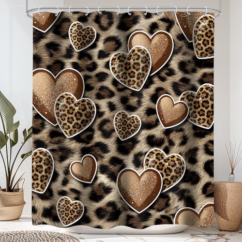 Cheetah Print Shower Curtain Set 72x72 Bathroom Decor Heart Leopard Black - Wild Brown Safari Panthera Wildlife Retro Cute Y2K Twinkle Bathroom Curtain Set Waterproof Polyester Fabric with Hooks