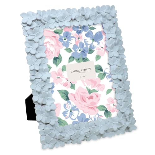 Laura Ashley 5x7 Powder Blue Flower Textured Hand-Crafted Resin Picture Frame w/Easel & Hook for Tabletop & Wall Display, Decorative Floral Design Home D??cor, Photo Gallery, Art (5x7, Powder Blue)