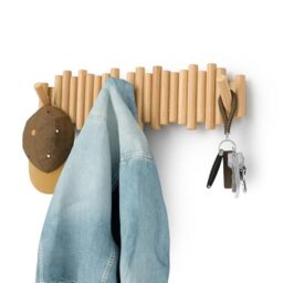 Umbra Picket Coat Rack with 8 Hooks – Natural Wall-Mounted Coat Rack with Flip-Down Wooden Hooks, Real Pine Wood Decorative Wall Storage for Jackets, Hats, Scarves, Bags, Entryway, Bedroom