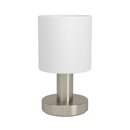 Eglo Bedside Table lamp Monetto, Small Decorative Light Fixture - elegant living room and bedroom lighting, silver metal with white fabric lampshade, E14 socket, H 18 cm