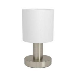 Eglo Bedside Table lamp Monetto, Small Decorative Light Fixture, Elegant Living Room and Bedroom Lighting, Silver Metal with White Fabric lampshade, E14 Socket, H 18 cm