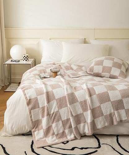 "REPRECONF Ultra Soft Cozy Buffalo Checkerboard Grid Fluffy Microfiber Knitted Throw Blanket Lightweight Fleece Checkered Blanket for Sofa Couch Bed Travel Cream 30""X40""¡"""