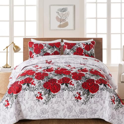 Yiran Red Floral Bedspreads Queen Size Rose Flowers Quilt Bedding Set 3 Pieces Lightweight Microfiber Botanical Coverlet with 2 Pillow Shams for All Season 96x90 Inch