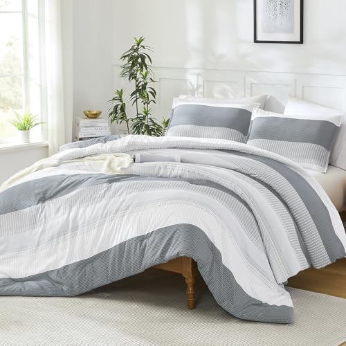 Litanika Light Grey King Size Comforter Set - 3 Pieces Stripe Bed Set - Fluffy Lightweight Soft Colorblock Down Alternative All Season Bed Set