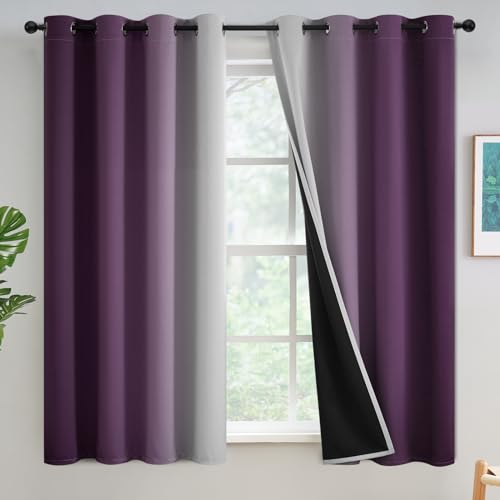 Yakamok 100% Blackout Ombre Purple Curtains 54 inches Long for Bedroom - Room Darkening Curtain for Living Room Grommet Light Blocking Thermal Insulated Gradient Drapes???2 Panels???52W x54L