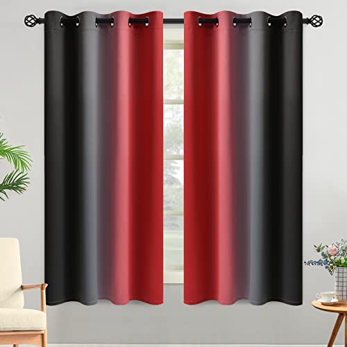 Yakamok Blackout Ombre Black and Red Curtains for Bedroom, Gradient Room Darkening Curtains, Grommet Thermal Insulated Full Light Blocking Window Drapes/Curtain for Living Room,52 x 63 Inch,2 Panels