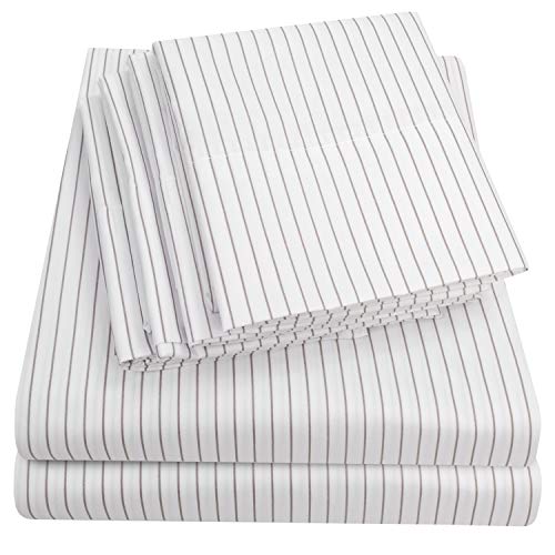 Sweet Home Collection Queen Sheets Pinstripe White - 6 Piece 1500 Supreme Collection Fine Brushed Microfiber Deep Pocket Queen Sheet Set Bedding - 2 Extra Pillow Cases, Great Value