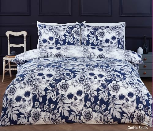 Rapport Home Gothic Floral Skull Bedding Set - Reversible Microfibre Duvet Cover with Pillowcases - King Size, Navy Blue & White Design
