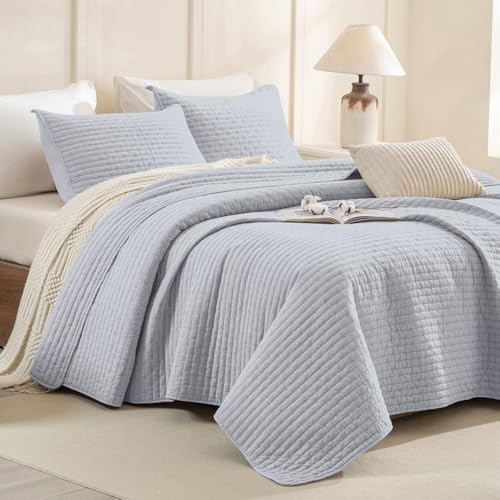 CozyTide Queen Quilt Set,100% Stone-Washed Cotton Lightweight Summer Quilt Bedding Set 3Pcs (1 Farmhouse Quilt and 2 Pillowshams) Light Blue Cozy Bedspreads & Coverlets Extra Soft