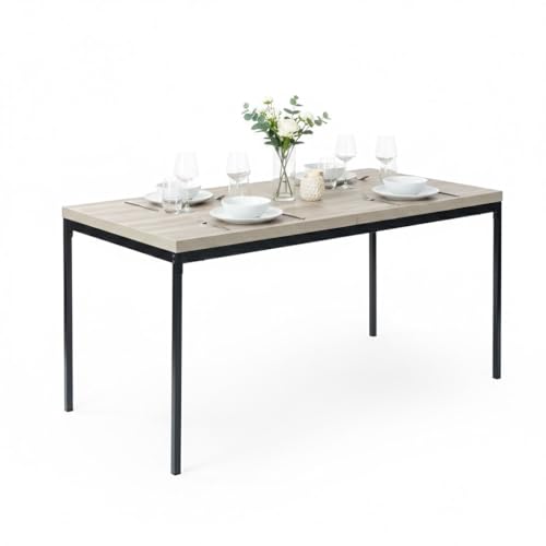 FurnitureR Modern Grey Wood Pattern Dining Table, Sturdy Metal Base, 150x75x75cm – Ideal for Kitchen & Dining Room