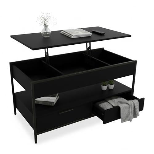 Relaxdays lift-top coffee table, 2 drawers, 4 compartments, HWD: 48–63 x 100 x 50 cm, industrial style, black